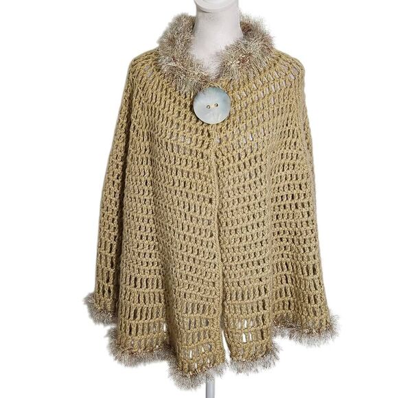Tan Hand-Knitted Open Weave Cape with Oversized Button and Fuzzy Trim One Size - Picture 1 of 5